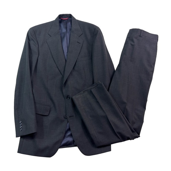 vtg Jos A Bank 40L 32x33 Charcoal Plaid 2pc Pant Suit Flat Front 100% Wool